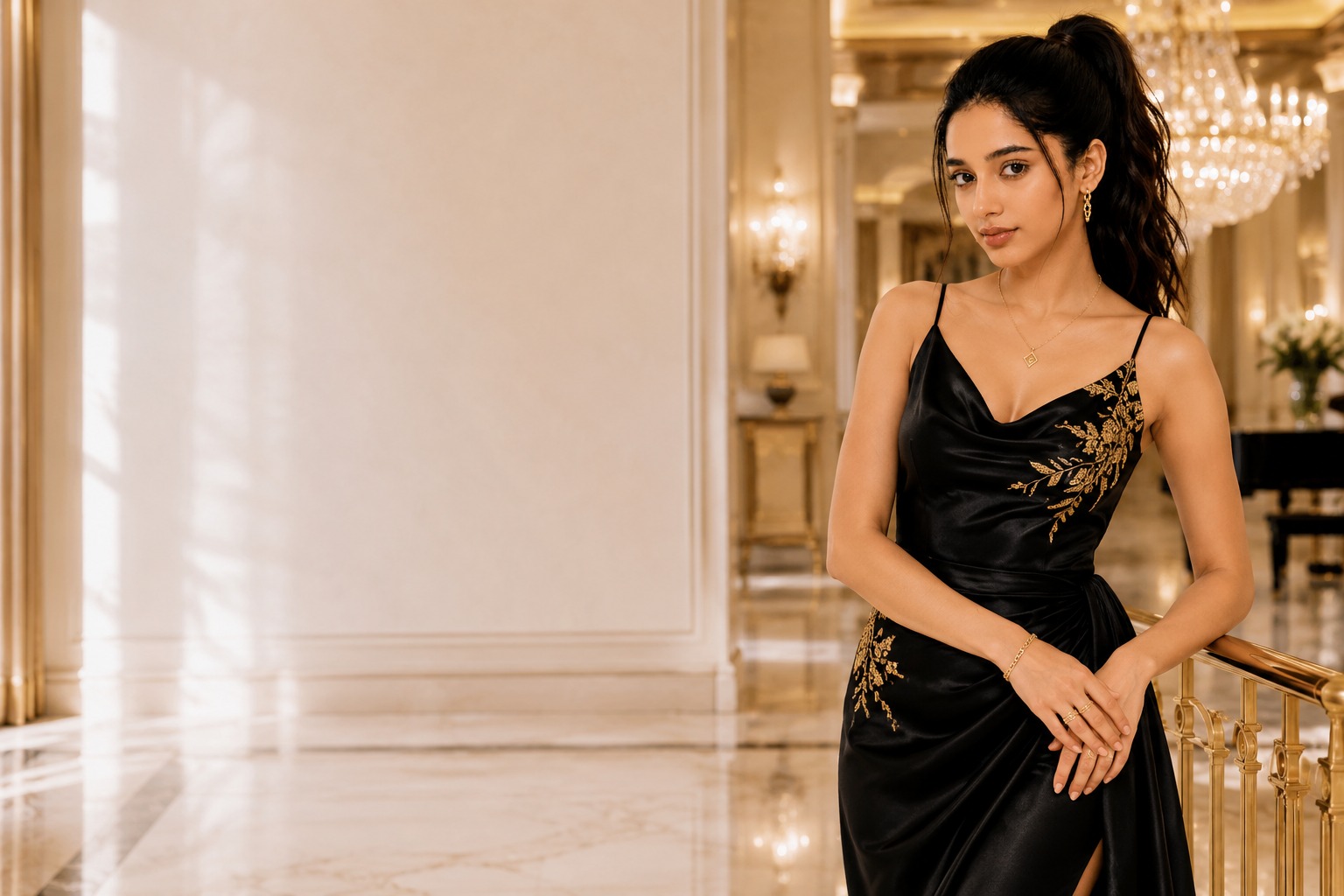 Black satin with gold embroidery — Miravika luxury edit