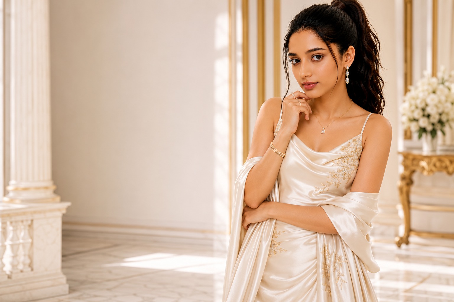 MIRAVIKA — champagne satin campaign in a palace hall